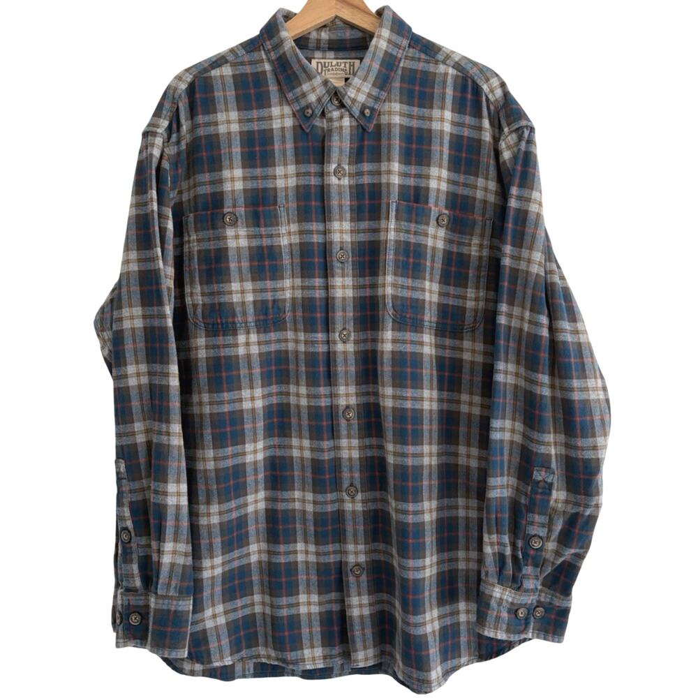 Duluth Trading Plaid Flannel Button Down Shirt Cotton Workwear XL Blue Gray